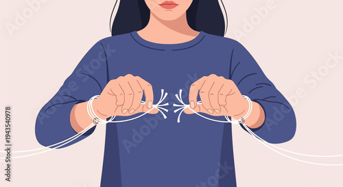 Flat vector illustration showing a woman's hands pulling and breaking a thin white rope or cable, which is tied around her wrists, on a light background.