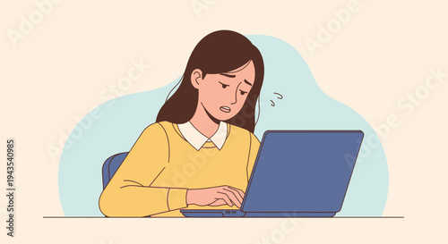 Vector illustration of a sad, tired, or frustrated young woman with brown hair in a yellow sweater, sitting at a desk and looking at her laptop with a stressed expression, feeling overwhelmed by work.