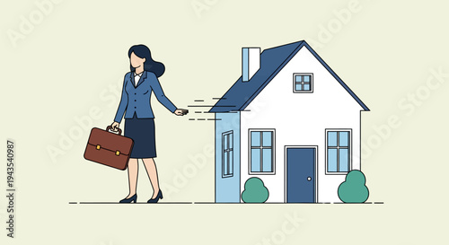 Vector illustration of a professional woman in a business suit holding a briefcase, standing by a modern house with blue accents on a light background.