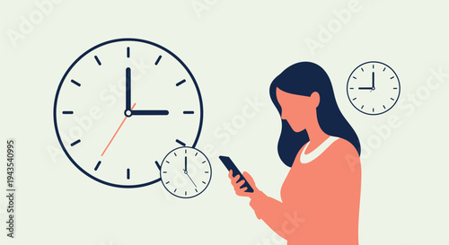 Vector illustration of a woman checking her smartphone, surrounded by multiple clocks symbolizing time management, deadlines, and digital communication in a busy modern lifestyle.