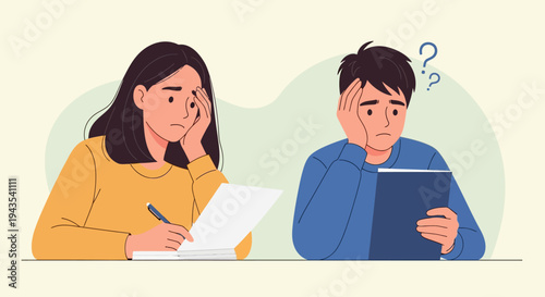 Vector illustration: Two frustrated young students, a girl and boy, struggling with studies at a desk, conveying academic pressure, confusion, and anxiety over homework or exams.