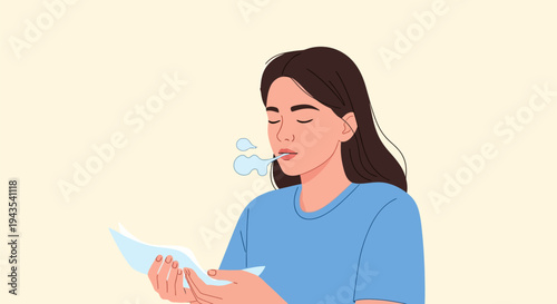 Vector illustration of a calm young woman with dark hair and closed eyes performing a deep breathing exercise, exhaling visible breath while holding a paper for relaxation and mindfulness.