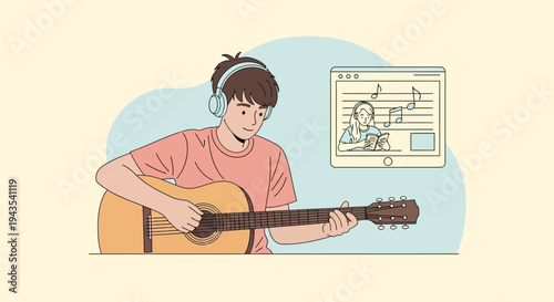 Smiling young man with headphones playing acoustic guitar, engaged in an online music therapy or learning session, digital tablet shows sheet music and a virtual instructor. Flat vector illustration.