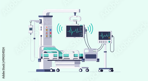 Advanced hospital room setup with smart medical technology: a patient bed, IV drip, and two vital signs monitors wirelessly displaying ECG heart rate waveforms in a modern healthcare facility.