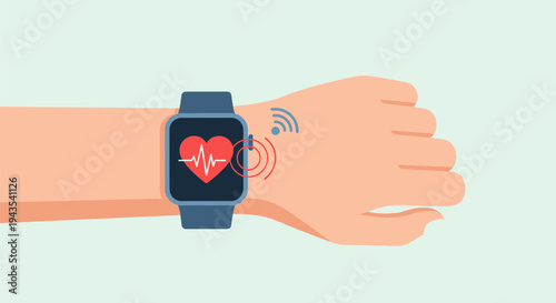 Smartwatch on wrist detecting irregular heart rate with data transmission signals, illustrating health monitoring technology and connectivity.
