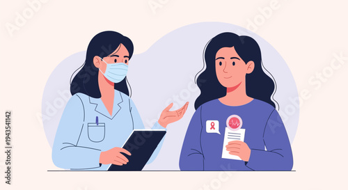 Healthcare professional in medical mask advising a female patient holding health document with awareness ribbon and heartbeat symbol during a consultation.