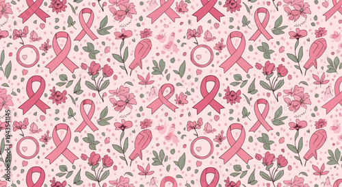 Hand-drawn seamless pattern featuring pink breast cancer awareness ribbons, blooming flowers, green leaves, and scattered heart shapes on a light textured pink background.