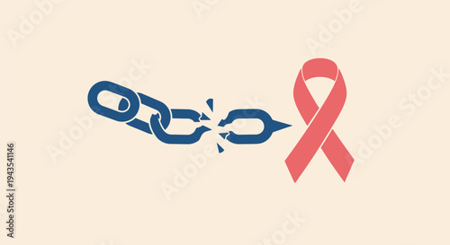 Vector graphic illustrating a broken blue chain link symbolizing freedom or breaking free, combined with a pink awareness ribbon for breast cancer support and overcoming disease.