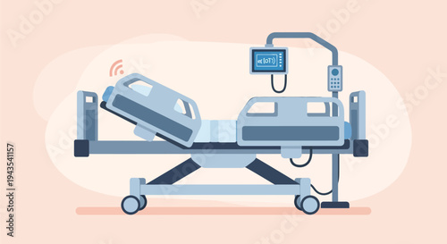 Modern smart hospital bed with integrated IoT monitoring system and Wi-Fi connectivity, representing advanced automated healthcare technology and patient care innovation in a flat vector illustration.