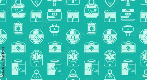 Seamless vector pattern with essential medical and healthcare icons: IV bags, heartbeats, first aid kits, emergency symbols. Flat design on vibrant turquoise background.
