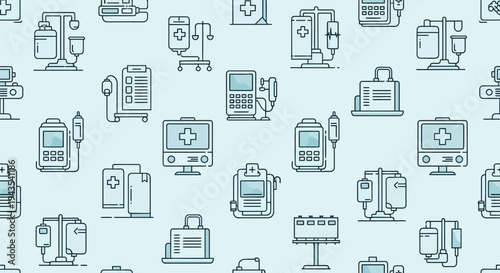 Seamless pattern with minimalist line art medical equipment icons, including IV drips, infusion pumps, patient monitors, and charts on a light blue background, vector illustration.