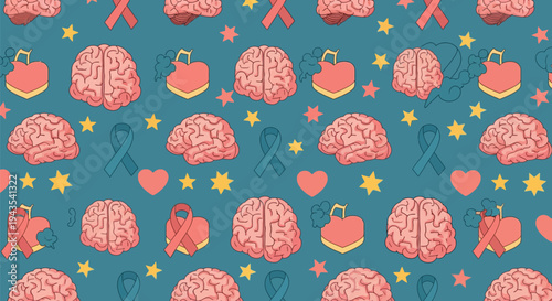 Seamless pattern with cartoon brains, stylized hearts with smoke, pink and blue awareness ribbons, and scattered stars on a teal background. Vector illustration for mental and emotional health.