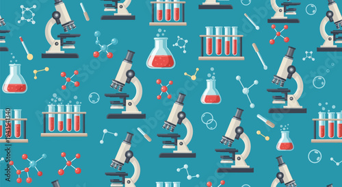 A seamless pattern of scientific laboratory equipment featuring microscopes, test tubes with red liquid, flasks, pipettes, and molecular structures on a blue background.
