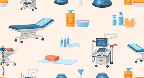 Seamless pattern with gynecology and women's health medical equipment, including ultrasound machines, examination tables, medical supplies, and personal care items.