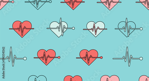 Seamless pattern featuring repeating stylized heart shapes with integrated electrocardiogram (ECG) lines, some filled red or light blue, others outlined, on a uniform light turquoise background.