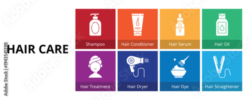 Hair care Glyph Solid Icons Vector - Shampoo, Hair Conditioner, Hair Serum, Hair Oil, Treatment, Hair Dryer, Dye, Straightener