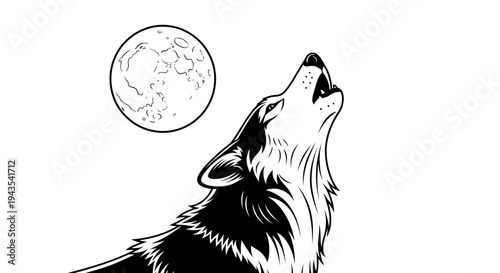 Black and White Wolf Howling at Moon.
