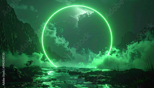 A surreal, luminous green circle floats above a foggy landscape with mountains and a flowing body of water