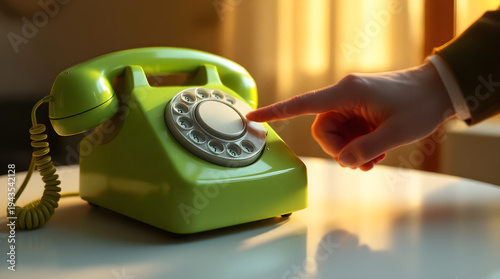 Vintage green rotary phone with hand dialing