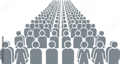 A large crowd of identical gray human figures stretches toward the background forming a perspective mass or audience.