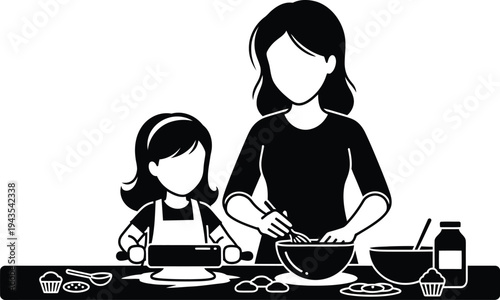 Mother's day celebration with mother and daughter preparing breakfast together