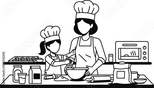 Happy mother's day illustration of mom and child cooking together