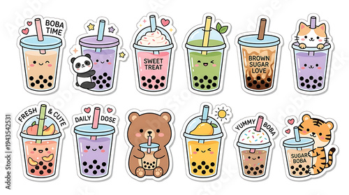 Playful Cartoon Illustration of Boba Tea Cups Paired with Animals in a Bright White Studio View