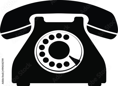 Retro rotary telephone receiver and base are rendered as a solid black silhouette featuring a prominent circular dial with numbered.