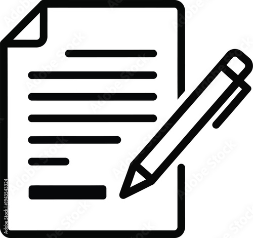 Black line art icon depicts a document signing process with a pen resting against ruled paper ready for contract execution.