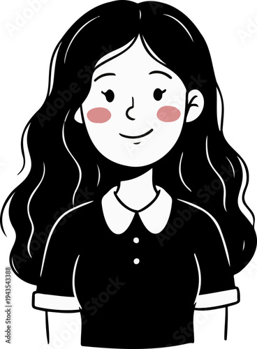 Minimalist hand drawn illustration of a smiling young woman with rosy cheeks
