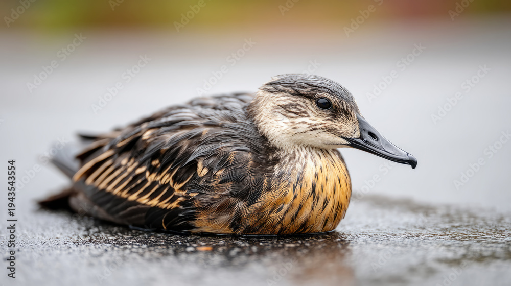 Fototapeta premium Oil spill catastrophe impact bird with soaked wings in contaminated water environment