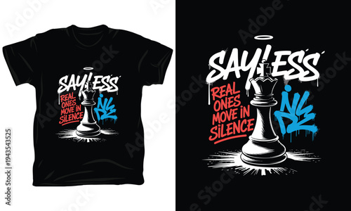 Black streetwear tshirt design with chess king and graffiti say less vector illustration