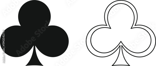 Playing card club symbols, solid and outline icons, gambling design elements, casino game graphics, card deck illustration signs, flat vector illustration