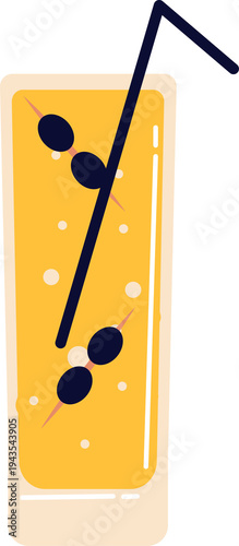 A vector flat-illustration style image of a single, tall, slender highball glass against a black background, contains several black olives threaded onto two long wooden picks