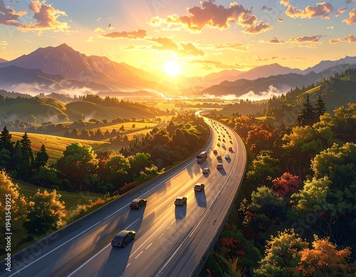 A sweeping highway cuts through verdant hills toward a majestic mountain range as the sun sets, casting warm light
