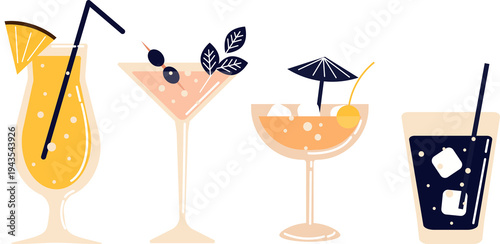 A vector flat-illustration style graphic showing four distinct cocktail glasses arranged in a row against a black background, A tall hurricane glass, A martini glass, A coupette glass, A short highbal