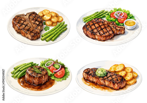 A delicious watercolor collection of grilled steak plates featuring juicy barbecue steaks served with vegetables and roasted potatoes.