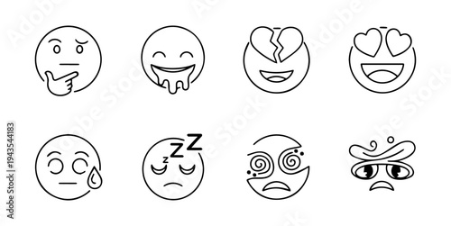 Modern thin line emoticon set featuring emotional faces, digital loading icons, and artificial intelligence symbols.