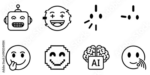 Modern thin line emoticon set featuring emotional faces, digital loading icons, and artificial intelligence symbols.