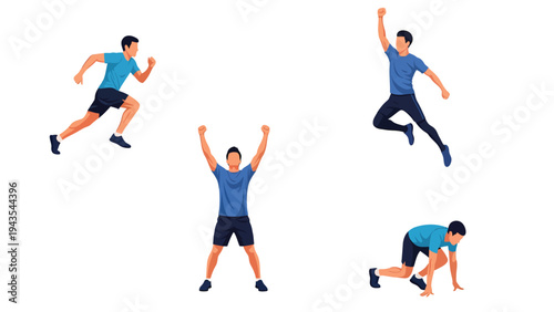 Dynamic Fitness Poses: Man Running, Jumping, and Exercising. Vector Illustration for Workout & Active Lifestyle.