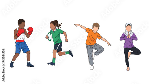 Kids and Teens Sports Activities Set: Boxing, Running, Dance, Yoga Poses