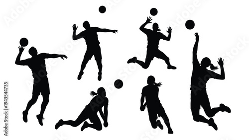 Dynamic Volleyball Player Silhouettes in Action Poses with Balls, Isolated on White Background for Sports Design