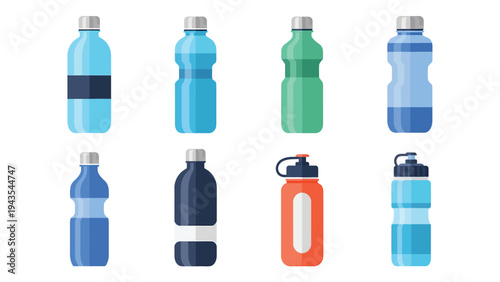 Diverse Water Bottles Set. Flat Vector Illustration of Plastic and Reusable Sport Bottles for Hydration, Drinks, and Fitness.