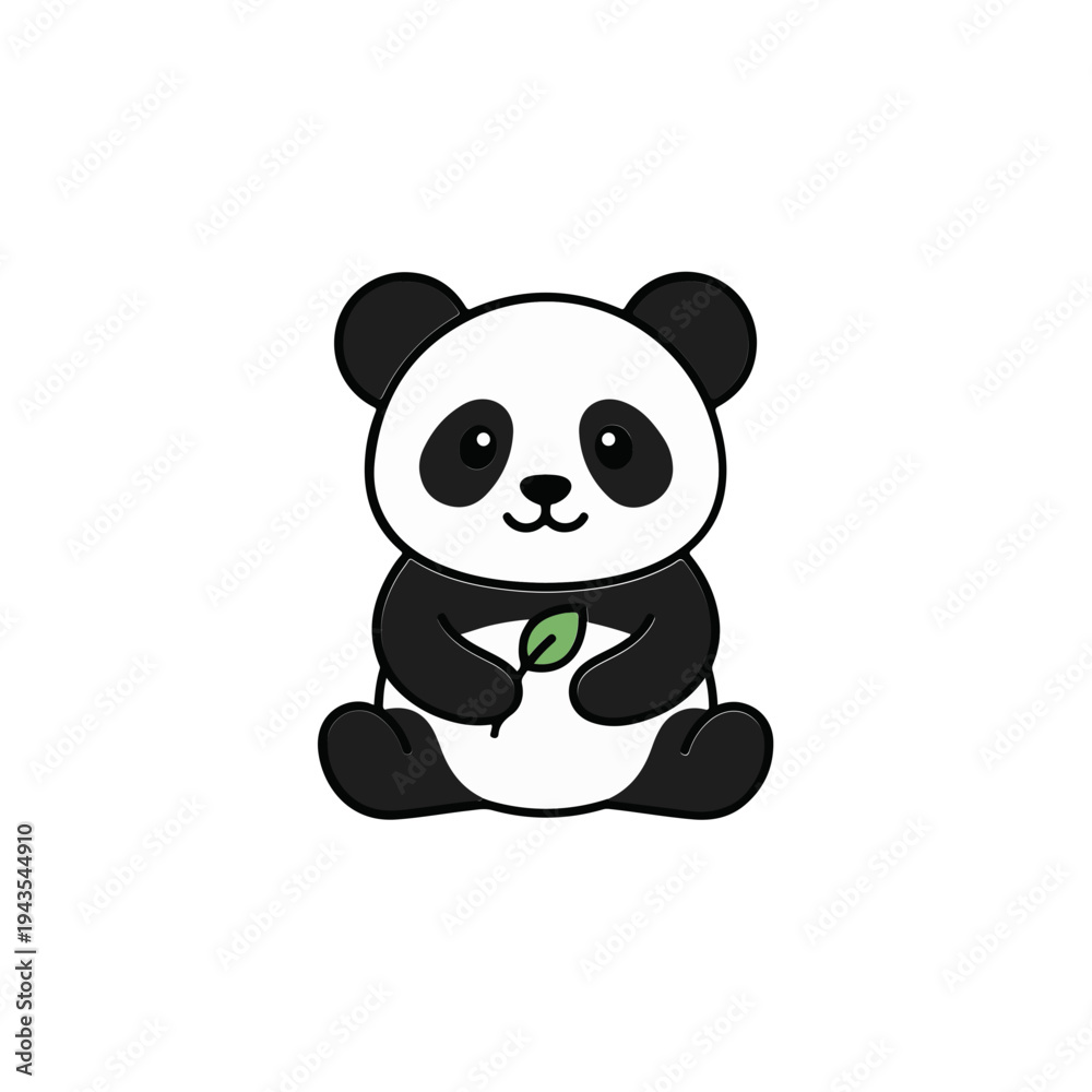 Obraz premium Cute Cartoon Panda Holding Leaf.