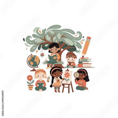 Diverse children in green school garden.