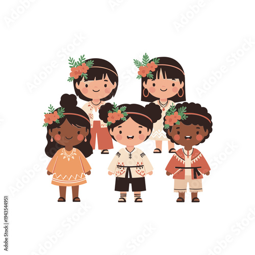 Diverse children in traditional clothing.