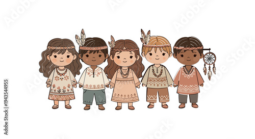 Diverse children in traditional outfits standing.