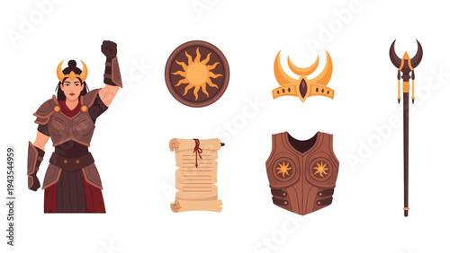 Fantasy Warrior Queen and Mythical Armor Set with Crown, Shield, Staff, and Scroll Illustration