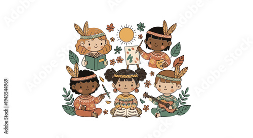 Diverse children with feather headbands.