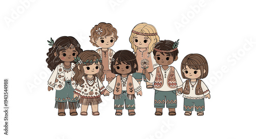 Diverse group of cartoon children standing.